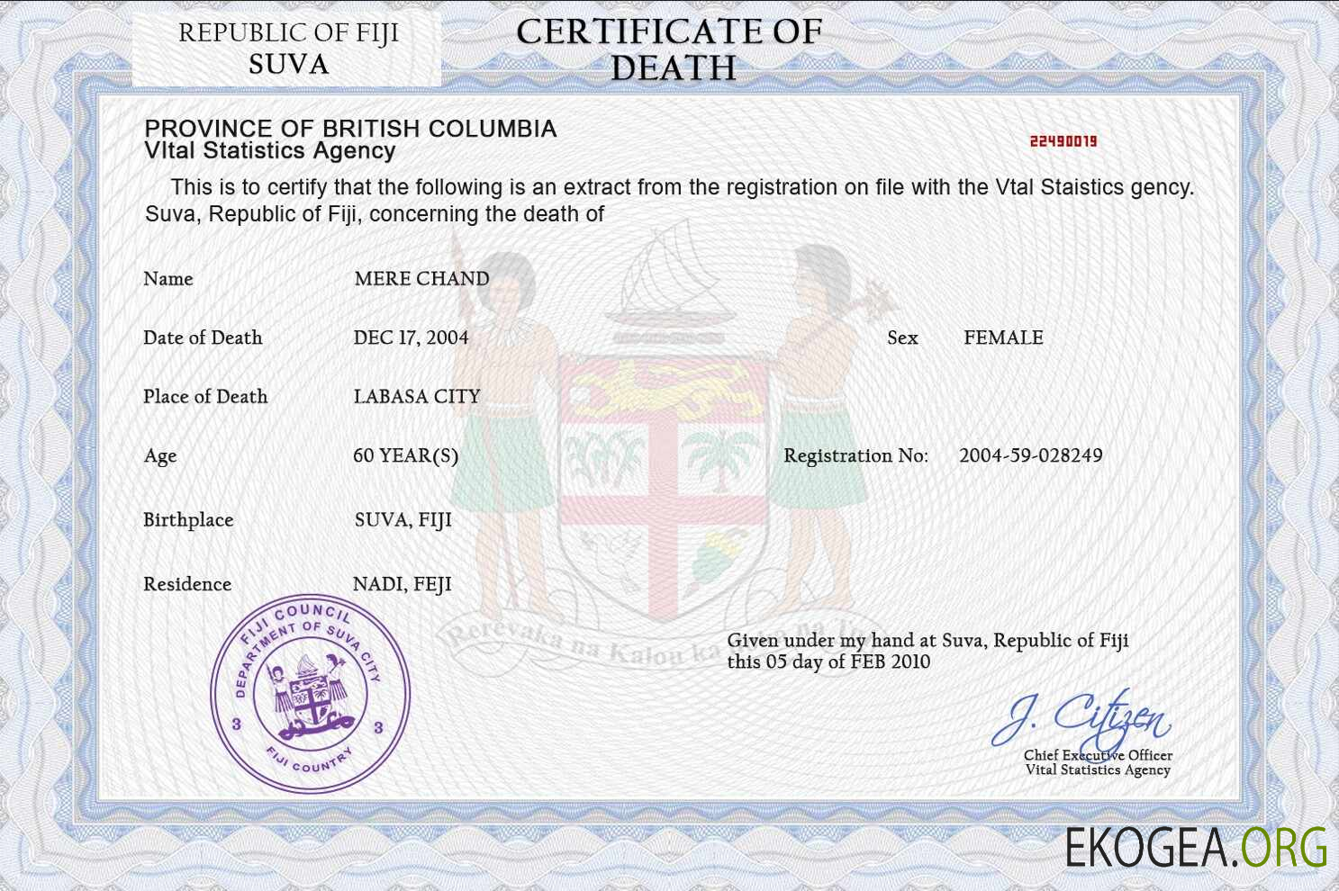 Modèle PSD de certificat de décès des Fidji